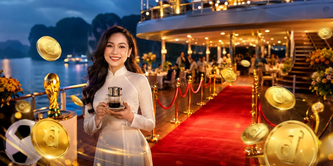 Người dùng xem cá cược bóng đá và thưởng thức cà phê bên vịnh Hạ Long qua điện thoại Android